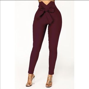 Burgundy Wine High Waist Paperbag Bow Tie Pants